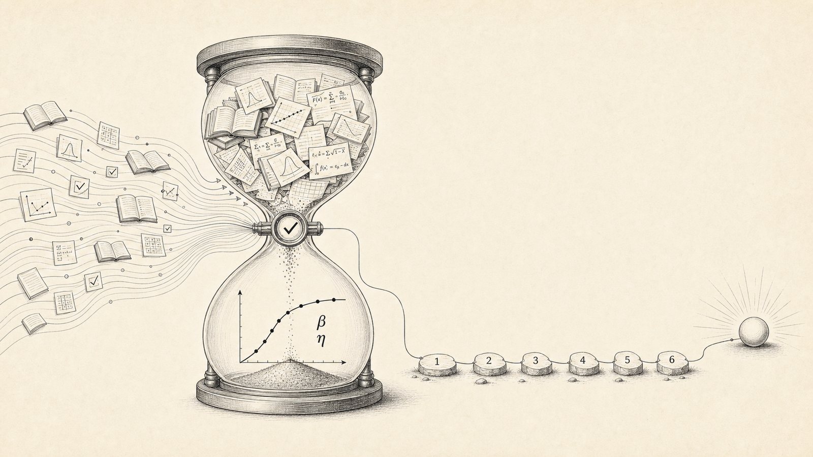 A technical hourglass filters source notes through a verification check into a clean Weibull model, with six day markers leading to a prepared outcome.