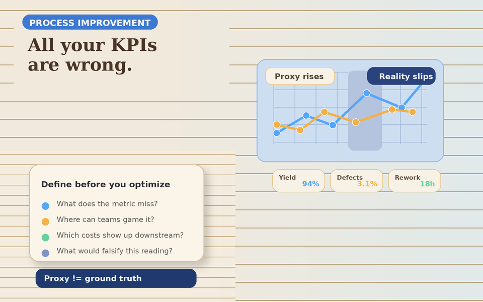 A clean KPI cover showing proxy and reality lines diverging while DMAIC questions frame the measurement gap.