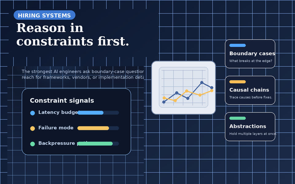 A clean systems diagram highlighting constraint signals, charts, and decision cards for AI hiring.
