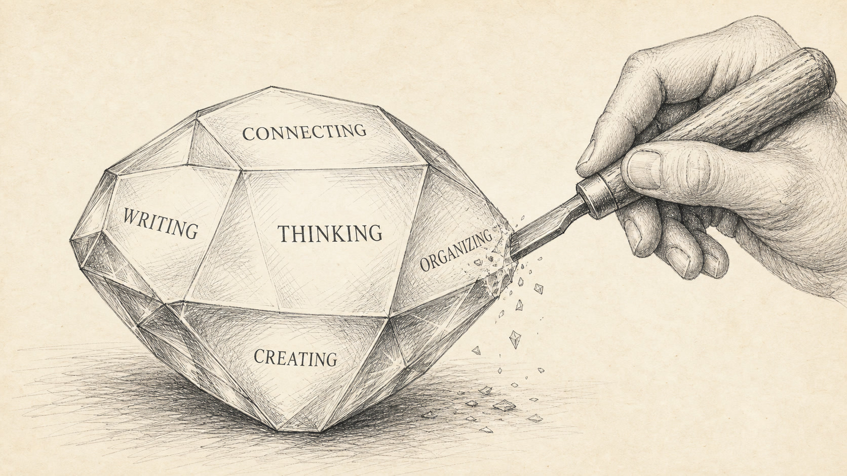 Layered note cards and a connected graph illustrate skill-first knowledge systems.