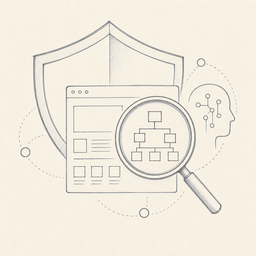An ink-on-cream line drawing: a security shield beside a website wireframe, a magnifying glass inspecting its structure, and a stylized AI profile alongside, representing an AI auditing a live site for vulnerabilities.