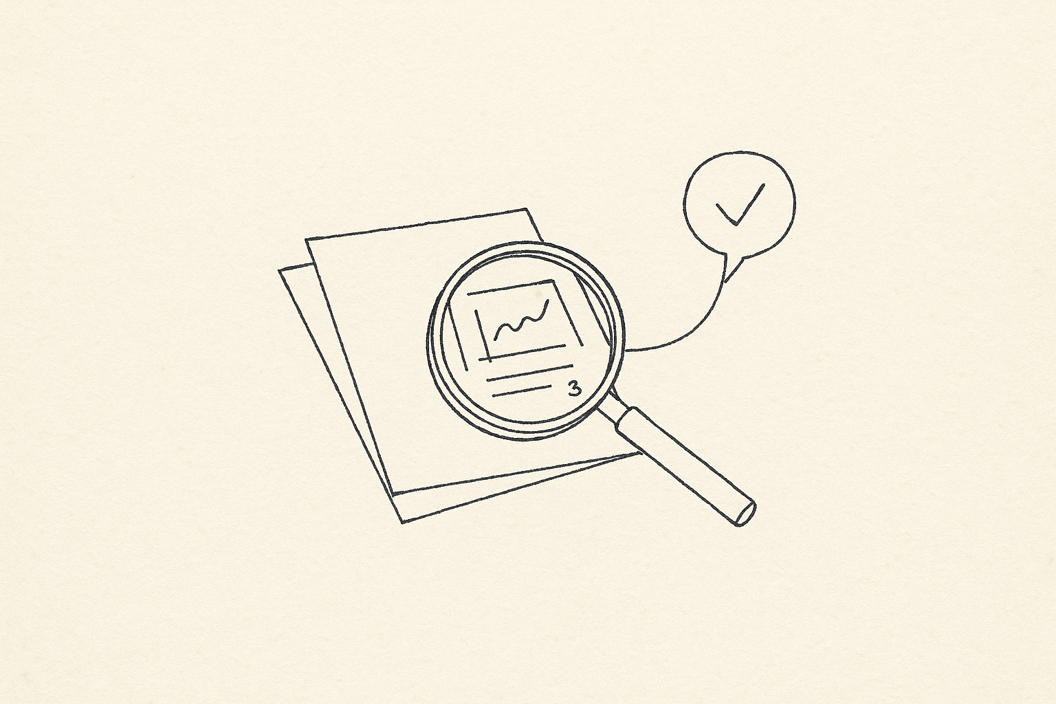 A magnifying lens over source documents, revealing verified details — source-backed expertise in action.