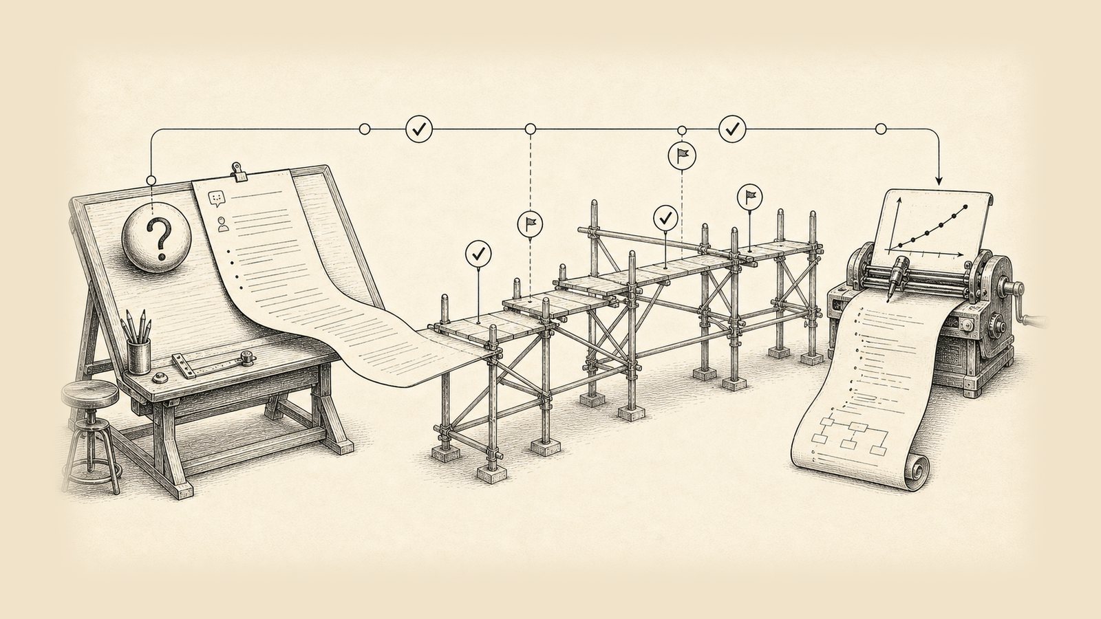 A support answer becomes a reviewable scaffold bridge that reaches an executing JSL workflow and analytical chart.
