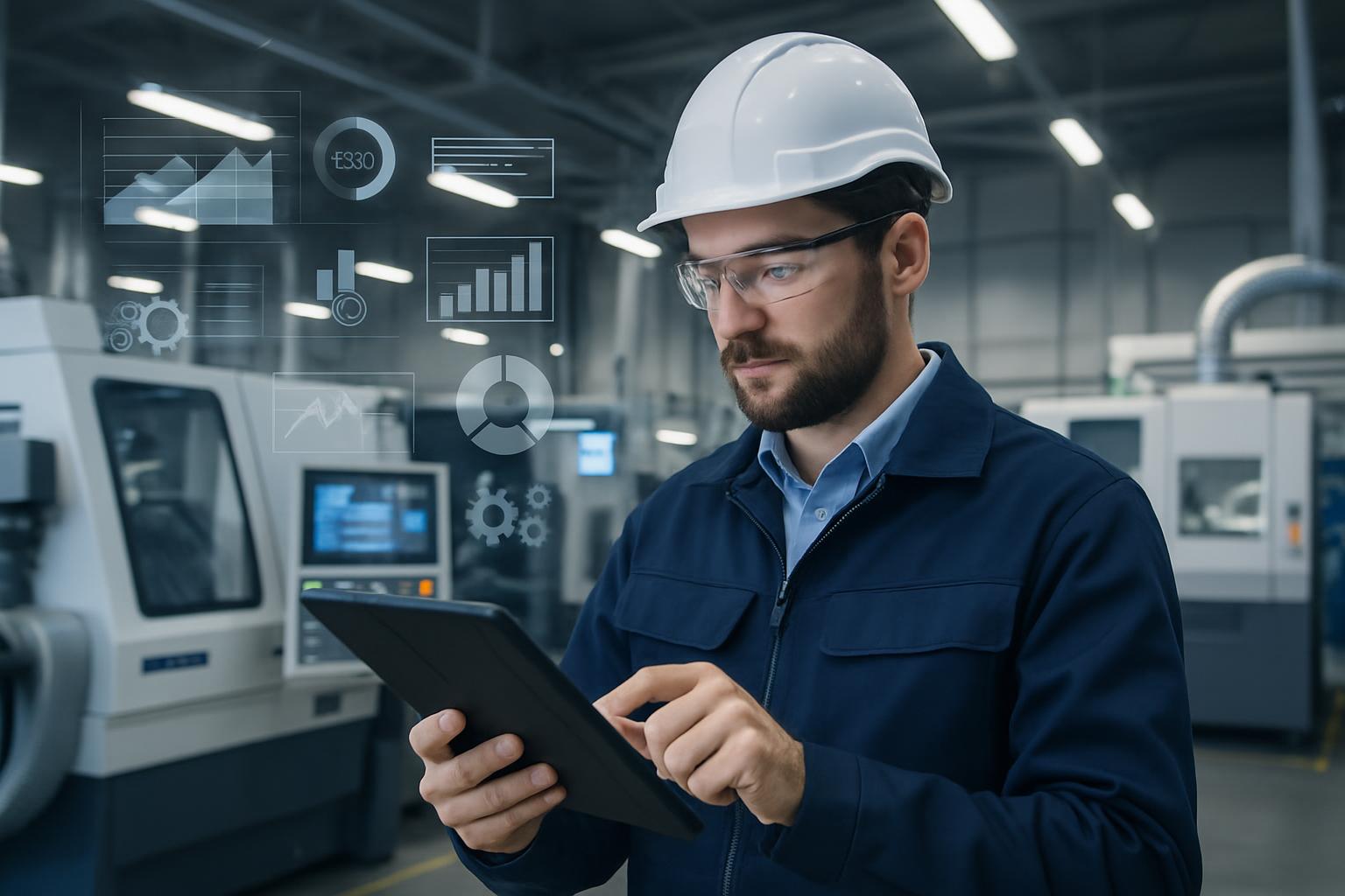 Engineer using tablet on modern factory floor