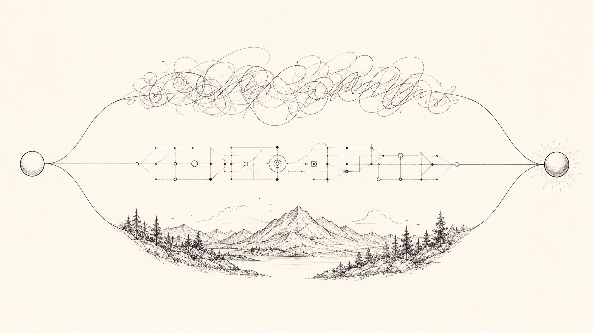 A single task splitting into three phases — rough sketch strokes for exploration, geometric planning diagram, polished ink-on-cream for synthesis — flowing from one input to one output